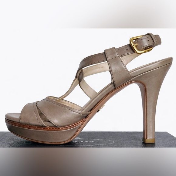 Prada Taupe Platform Heels Gold Buckle Size 39